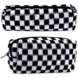2Pcs Checkered Pencil Case Cute Pencil Pouch for Teens Checkered Makeup Bag Travel Cosmetic Bag Set Cute Makeup Pouch for Purse Portable Zippered Skincare Bags Preppy Toiletry Bags Organizer(Black)