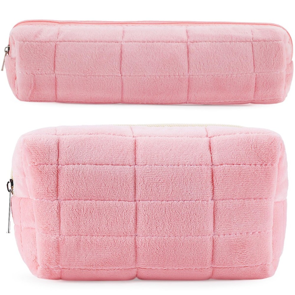 ZLFSRQ 2Pcs Pencil Case Cute Pencil Pouch for Teens Plush Makeup Bag Travel Cosmetic Bag Set Pink Makeup Pouches Purse Preppy Zippered Toiletry Bags Organizer Trendy Zipper Skincare Storage Organizer