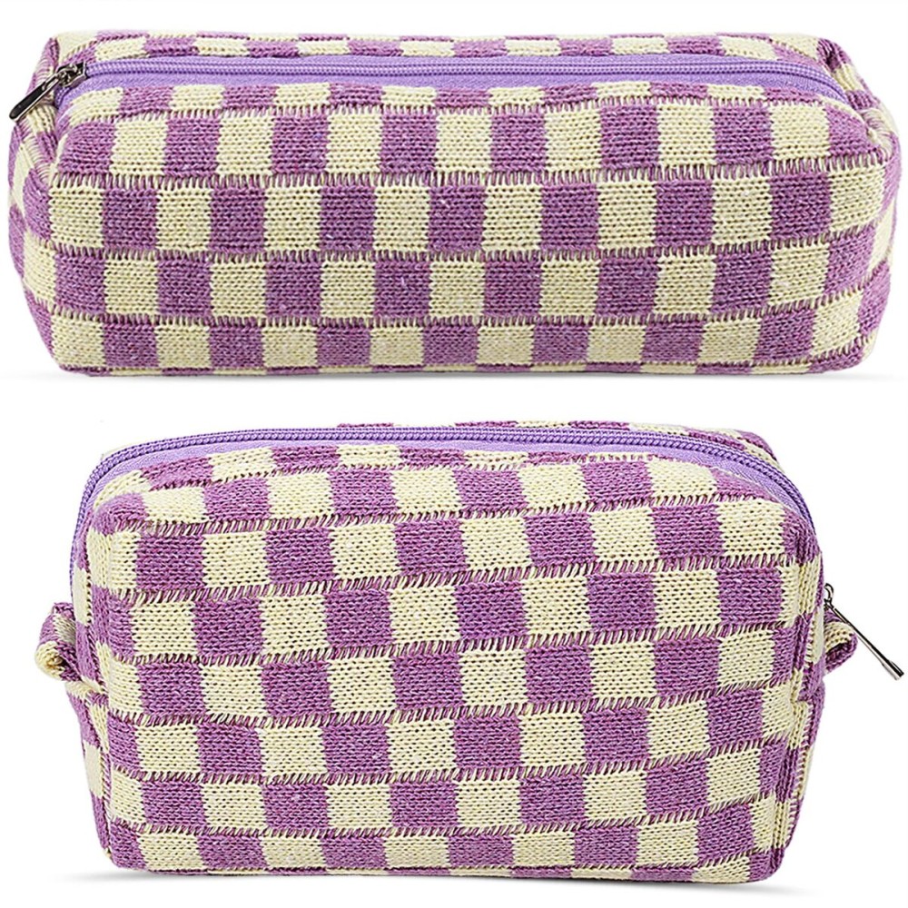2Pcs Checkered Pencil Case Cute Pencil Pouch for Teens Checkered Makeup Bag Travel Cosmetic Bag Set Cute Makeup Pouch for Purse Portable Zippered Skincare Bags Preppy Toiletry Bags Organizer(Purple)