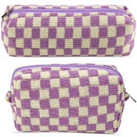 2Pcs Checkered Pencil Case Cute Pencil Pouch for Teens Checkered Makeup Bag Travel Cosmetic Bag Set Cute Makeup Pouch for Purse Portable Zippered Skincare Bags Preppy Toiletry Bags Organizer(Purple)