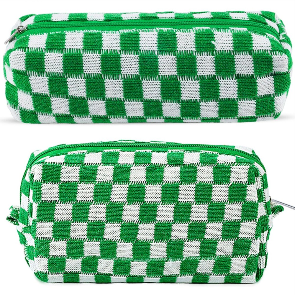 2Pcs Checkered Pencil Case Cute Pencil Pouch for Teens Checkered Makeup Bag Travel Cosmetic Bag Set Cute Makeup Pouch for Purse Portable Zippered Skincare Bags Preppy Toiletry Bags Organizer(Green)