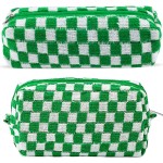 2Pcs Checkered Pencil Case Cute Pencil Pouch for Teens Checkered Makeup Bag Travel Cosmetic Bag Set Cute Makeup Pouch for Purse Portable Zippered Skincare Bags Preppy Toiletry Bags Organizer(Green)