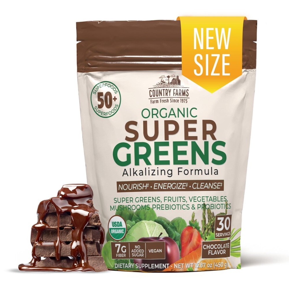 Country Farms Super Greens Chocolate Flavor, 50 Organic Super Foods, USDA Organic Drink Mix (Wheat Grass, Spirulina, Chlorella) Mushrooms & Probiotics, with Fiber, Natural Energy, 30 Servings