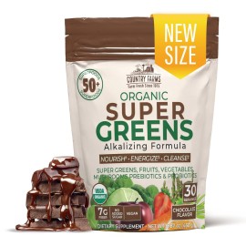 Country Farms Super Greens Chocolate Flavor, 50 Organic Super Foods, USDA Organic Drink Mix (Wheat Grass, Spirulina, Chlorella) Mushrooms & Probiotics, with Fiber, Natural Energy, 30 Servings