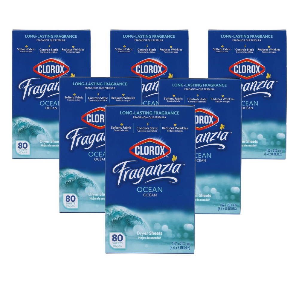 Clorox Fraganzia Fabric Softener Dryer Sheets, Ocean Scent - Wrinkle Reducing Scented Softening Laundry Dryer Sheets for Great Smelling Clothes, 80 Count - 6 Pack