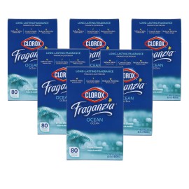 Clorox Fraganzia Fabric Softener Dryer Sheets, Ocean Scent - Wrinkle Reducing Scented Softening Laundry Dryer Sheets for Great Smelling Clothes, 80 Count - 6 Pack