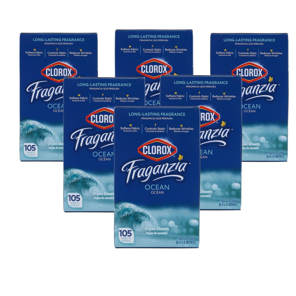 Clorox Fraganzia Fabric Softener Dryer Sheets, Ocean Scent - Wrinkle Reducing Scented Softening Laundry Dryer Sheets for Great Smelling Clothes, 105 Count - 6 Pack