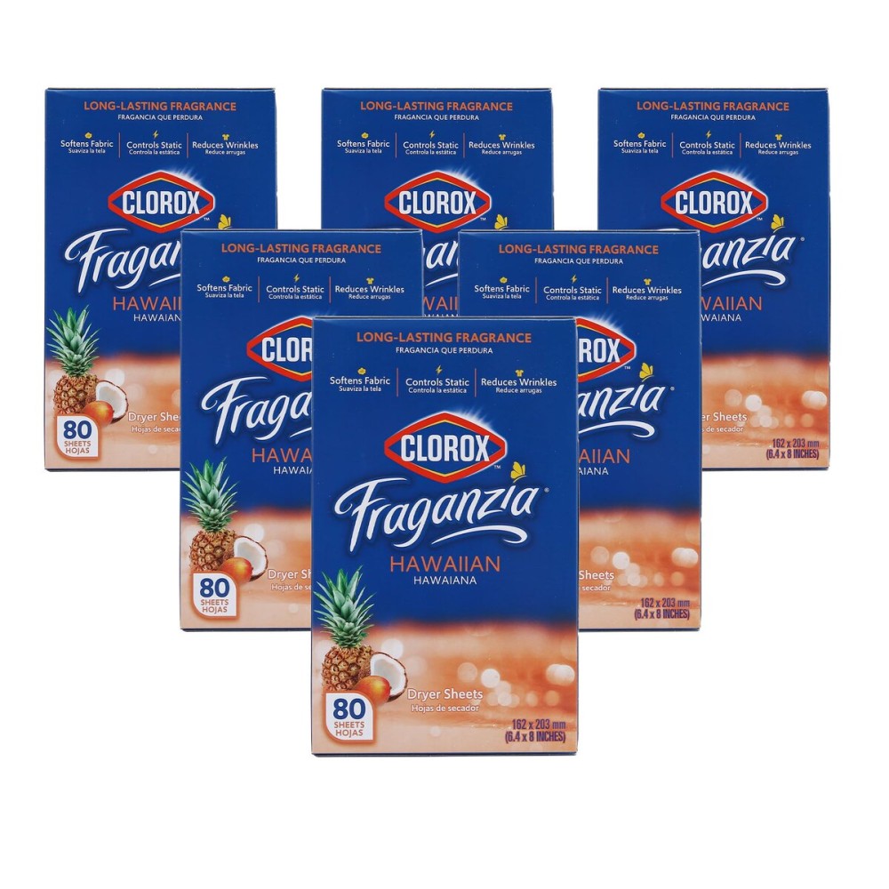 Clorox Fraganzia Fabric Softener Dryer Sheets, Hawaiian Scent - Wrinkle Reducing Scented Softening Laundry Dryer Sheets for Great Smelling Clothes, 80 Count - 6 Pack