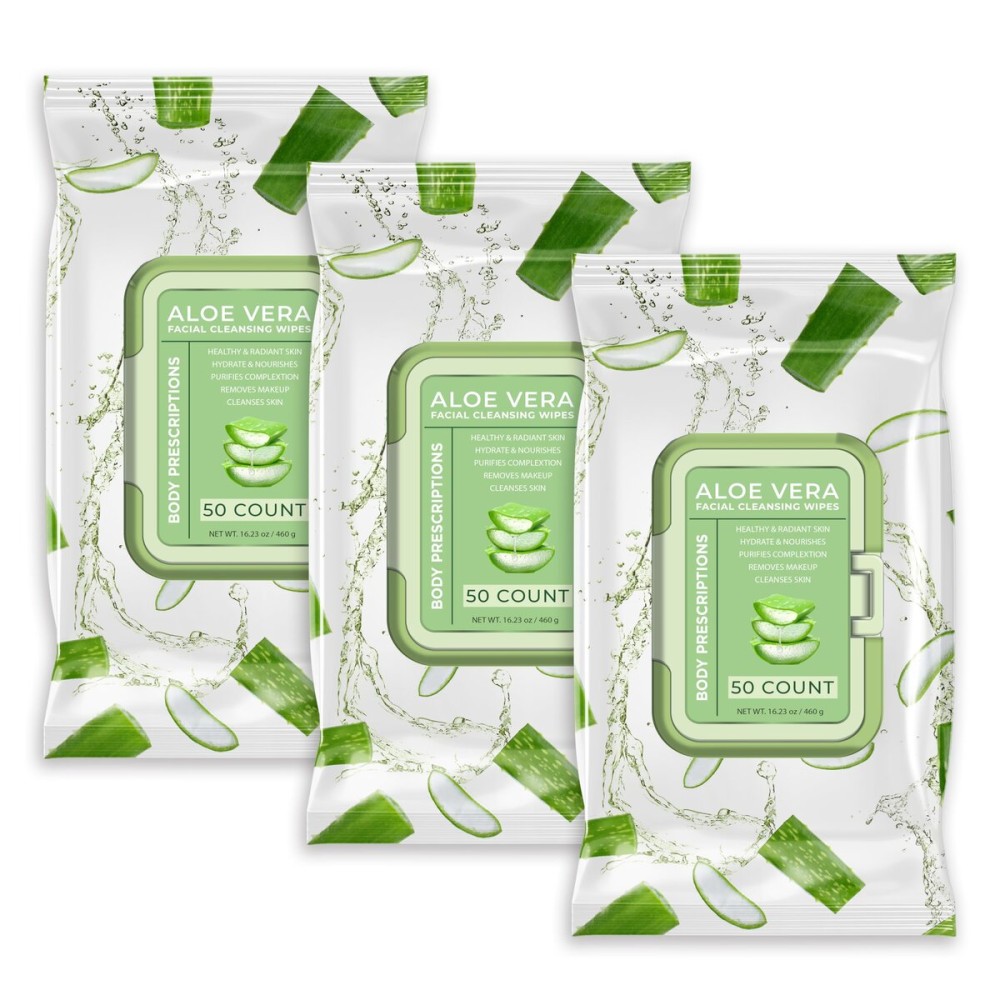 Body Prescription Makeup Cleansing Wipes - Gentle and Effective Face Wipes, 50 Count (Pack of 3), Aloe Vera