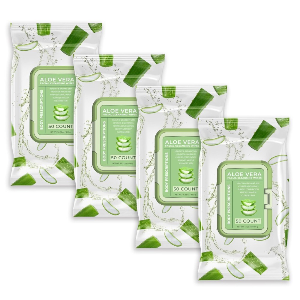 Body Prescription Makeup Cleansing Wipes - Gentle and Effective Face Wipes, 50 Count (Pack of 4), Aloe Vera