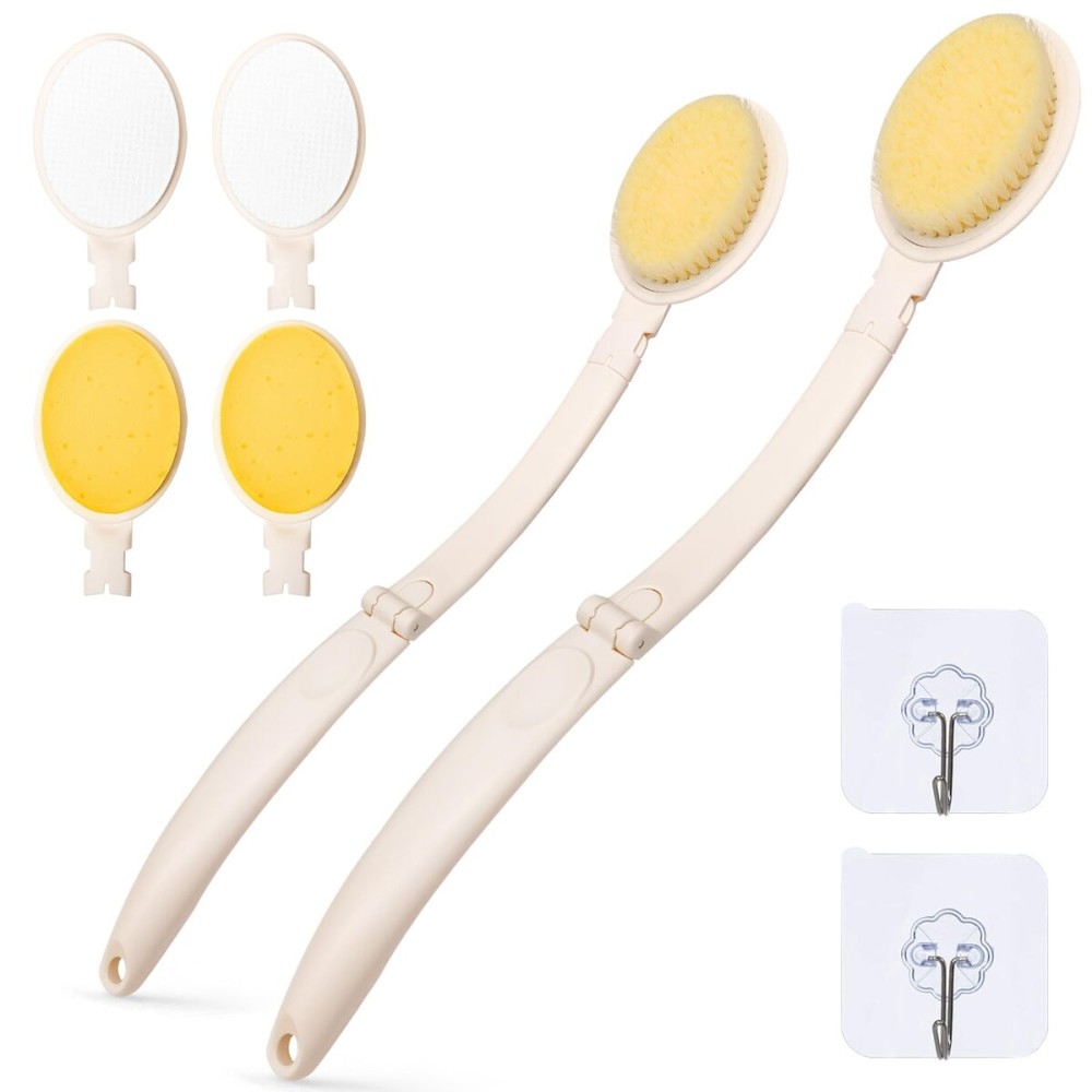 LFJ 19 Long Handle Shower Sponge Brush Set, 3 in 1 Body Brush, Bath Sponge and Lotion Applicator Improved Skin Health, Suitable for Men and Women (White Brush-2P)