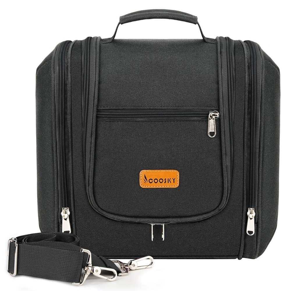 COOSKY Hanging Travel Toiletry Bag for Women and Men, 6 Organizer Compartments, Large Toiletries essentials, Bathroom Cosmetic Accessories, Water-resistant Makeup Bag, Holds Full-Size Shampoo, Black