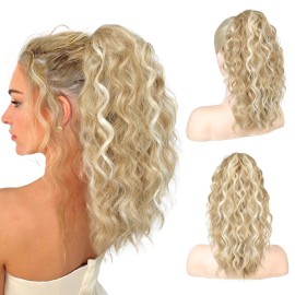 SEIKEA 14 Highlight Ponytail Extension Claw, PT002 Tia Long Wavy Jaw Clip in Fake Pony Tails Multi Layered Fluffy Thick Hair Extensions Ponytail Dark Blonde with White Blonde Highlights