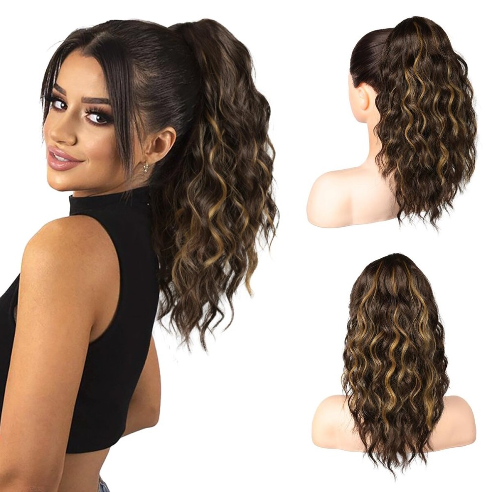 SEIKEA 14 Highlight Ponytail Extension Claw, PT002 Tia Long Multi Layered Fluffy Thick Wavy Jaw Clip in Fake Pony Tails Fake Hair Synthetic Hairpiece Chocolate Brown with Caramel Blonde Highlights
