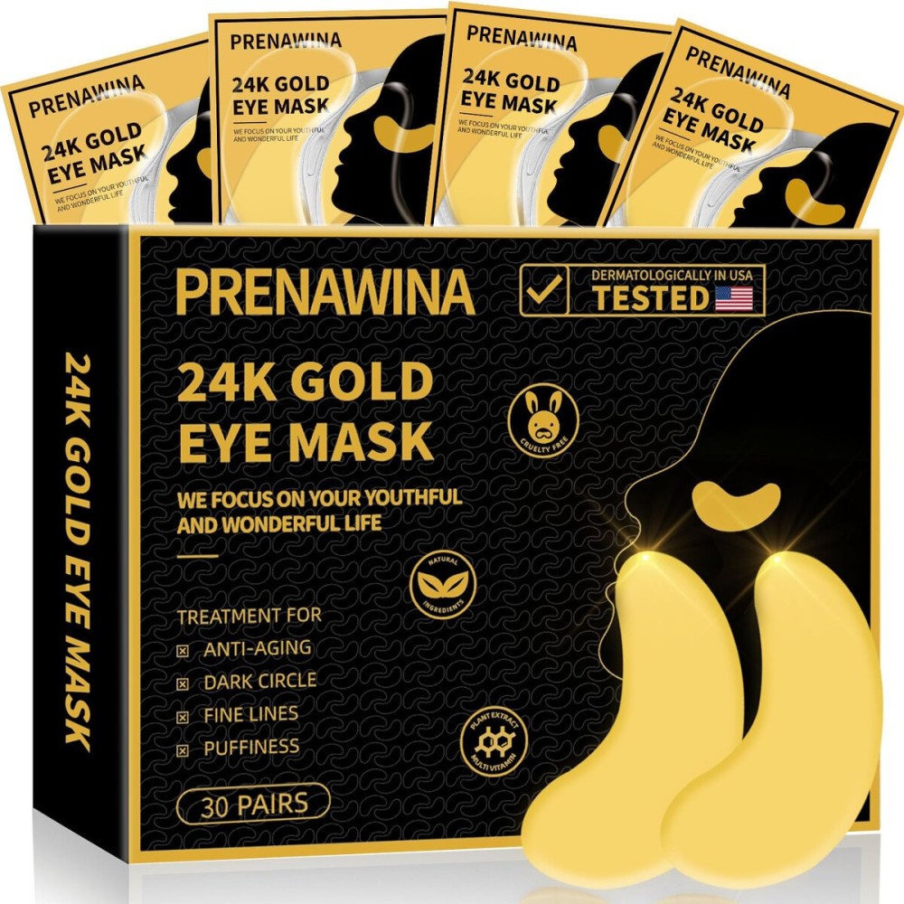 Under Eye Patches for Puffy Eyes Treatment 30 Pairs, 24K Gold Under Eye Masks for Dark Circles and Puffiness, Eye Gel Pads w/ Collagen, Sodium Hyaluronate, Rose Essence for Eye Bags Treatment