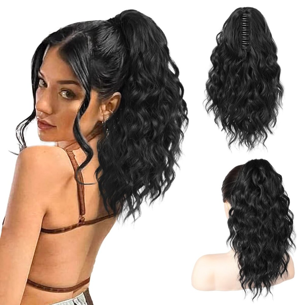 SEIKEA 14 Black Ponytail Extension, PT002 Tia Long Wavy Fluffy Thick Claw Jaw Clip in Fake Pony Tails Multi Layered Hair Extensions Ponytail Soft Natural Synthetic Hairpiece