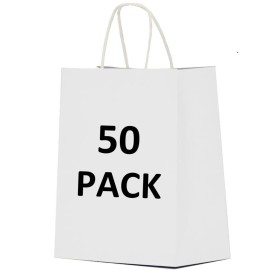 Qutuus 10x5x13 White Paper Bags 50 Pcs Gift Bags with Handles Bulk Large Paper Bags for Shopping, Retail, Merchandise, Paper Sack, White Kraft Bags