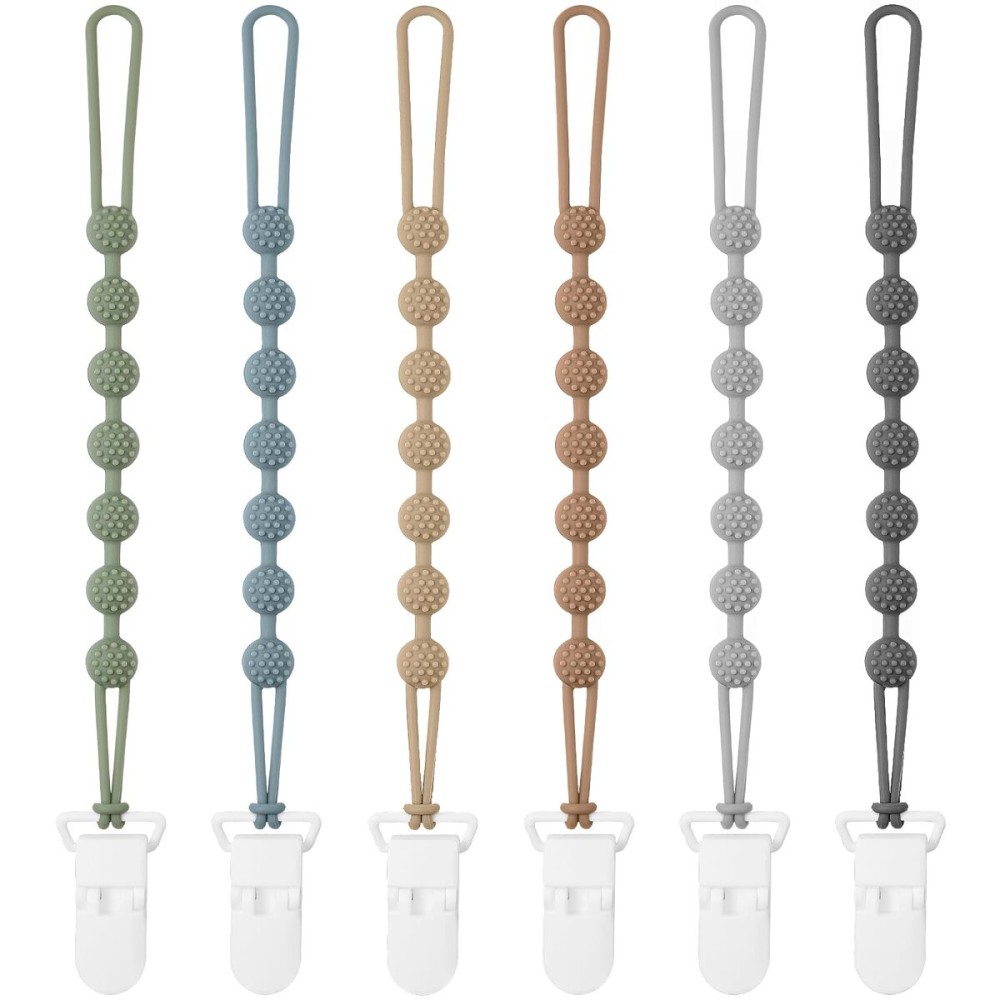 Eascrozn 6 Pack Silicone Pacifier Clip with One-Piece Design for Baby Boys and Girls, BPA Free Soft Flexible Binky Clips with Texture for Baby Essentials