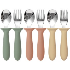 Eascrozn 6 Pack Toddler Utensils, kids Silverware with Silicone Handle, 18/8 Stainless Steel Children Safe Spoons and Forks Set Baby Feeding Essentials, Dishwasher Safe