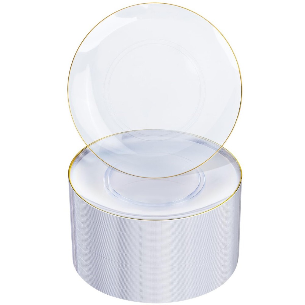 Nervure 100Pieces Clear and Gold Rim Plastic Plates - 7.5inch Disposabl Salad Dessert Plate - Clear and Gold Party Plates Ideal for Wedding & Party & Thanksgiving