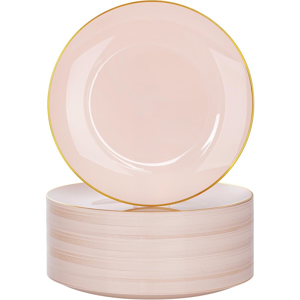 Nervure 100PCS Pink and Gold Plastic Plates - 10.25 inch Pink Disposable Plates with Gold Rim - Party Plate - Dinner Plate Ideal for Wedding & Party