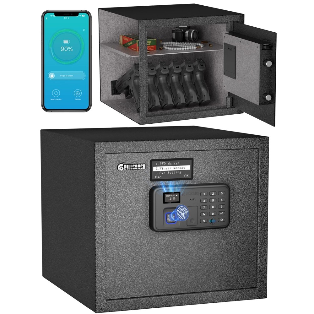 Billconch Smart Gun Safe for Multiple Pistols - Biometric Automatic Lock Safe Box with LCD Display/Voice Guide/Foldable Gun Racks, Quick Access Unlock with Fingerprint/Keypad/Key/App
