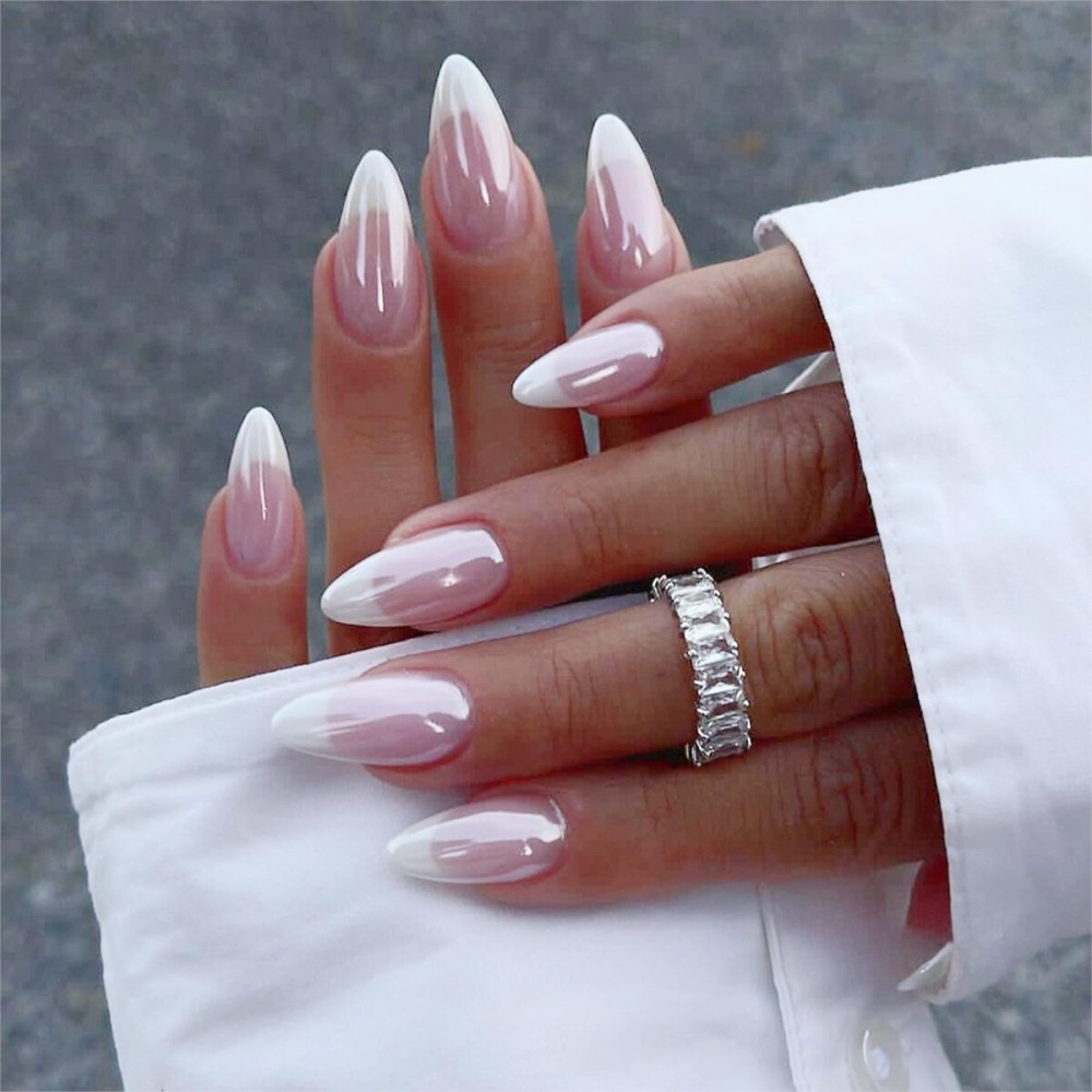 Press On Nails - Almond Fake Nails - French Tip False Nails Press ons - Medium Glue on Nails with Chrome Design - for Women Stick on Nail 24Pcs