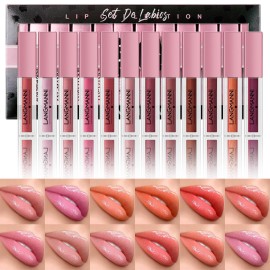 LANGMANNI 12Pcs Lip gloss Collection Makeup Set, Shiny Smooth Soft Liquid Lip Glosses Lip Stain With Rich Varied Colors For Girls And Women Makeup (Shimmery-B)