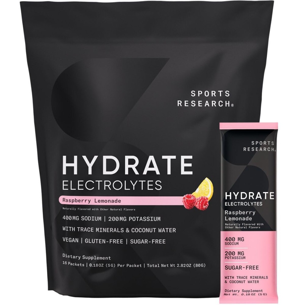 Sports Research Hydrate Electrolytes Powder Packets - Sugar-Free & Naturally Flavored with Vitamins, Minerals, and Coconut Water - Supports Hydration - 16 Packets - Raspberry Lemonade