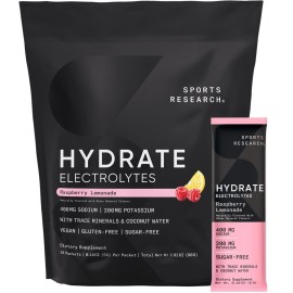 Sports Research Hydrate Electrolytes Powder Packets - Sugar-Free & Naturally Flavored with Vitamins, Minerals, and Coconut Water - Supports Hydration - 16 Packets - Raspberry Lemonade