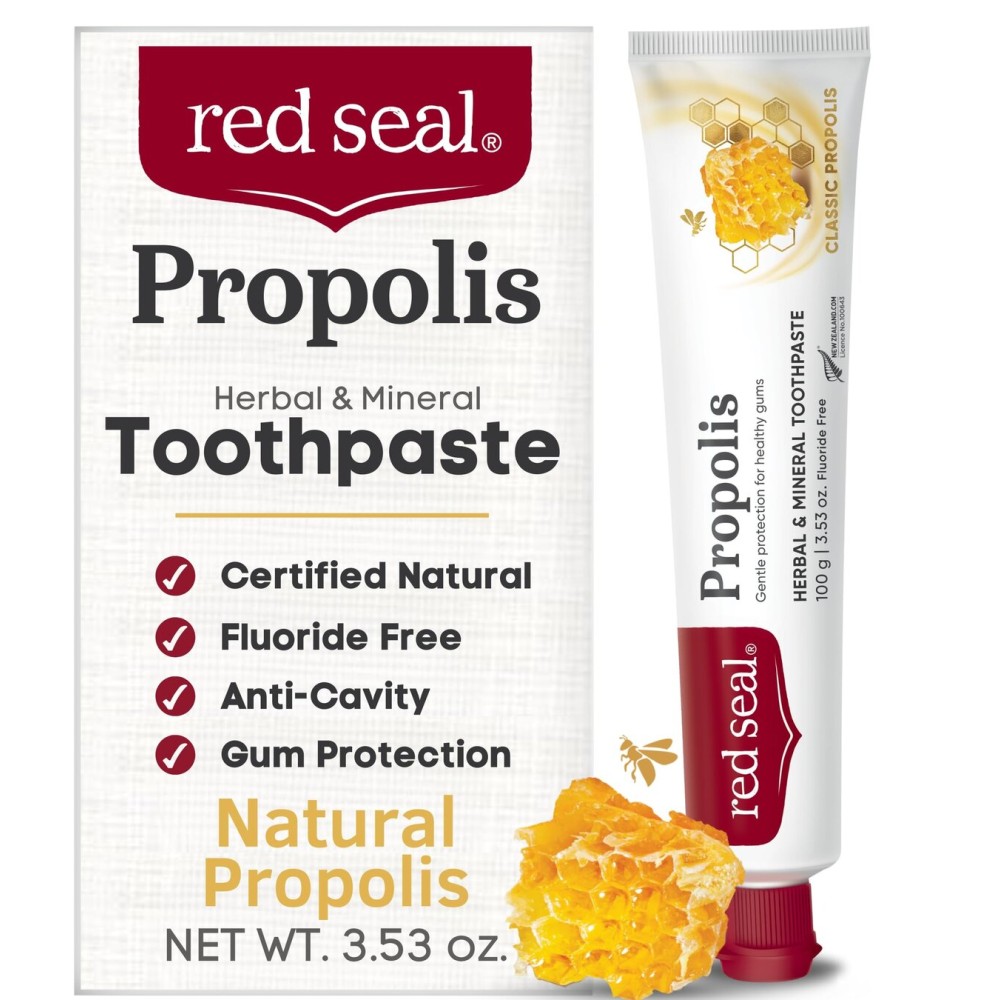 Red Seal Propolis Herbal & Mineral Natural Toothpaste - Mild Mint - Fluoride Free, Organic Toothpaste, NATRUE Certified Natural - Natural Gum Health, No Artificial Flavors, Cruelty-Free, 3.53 oz