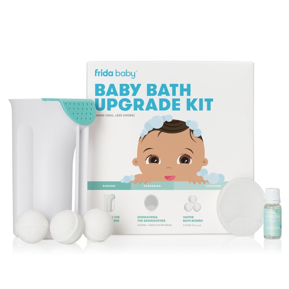 Frida Baby Baby Bath Upgrade Kit | Infant and Toddler Bath Essentials, Rinser Cup, Baby Bath Silicone Brush, Bath Bombs, Essential Oil Vapor Drops, white