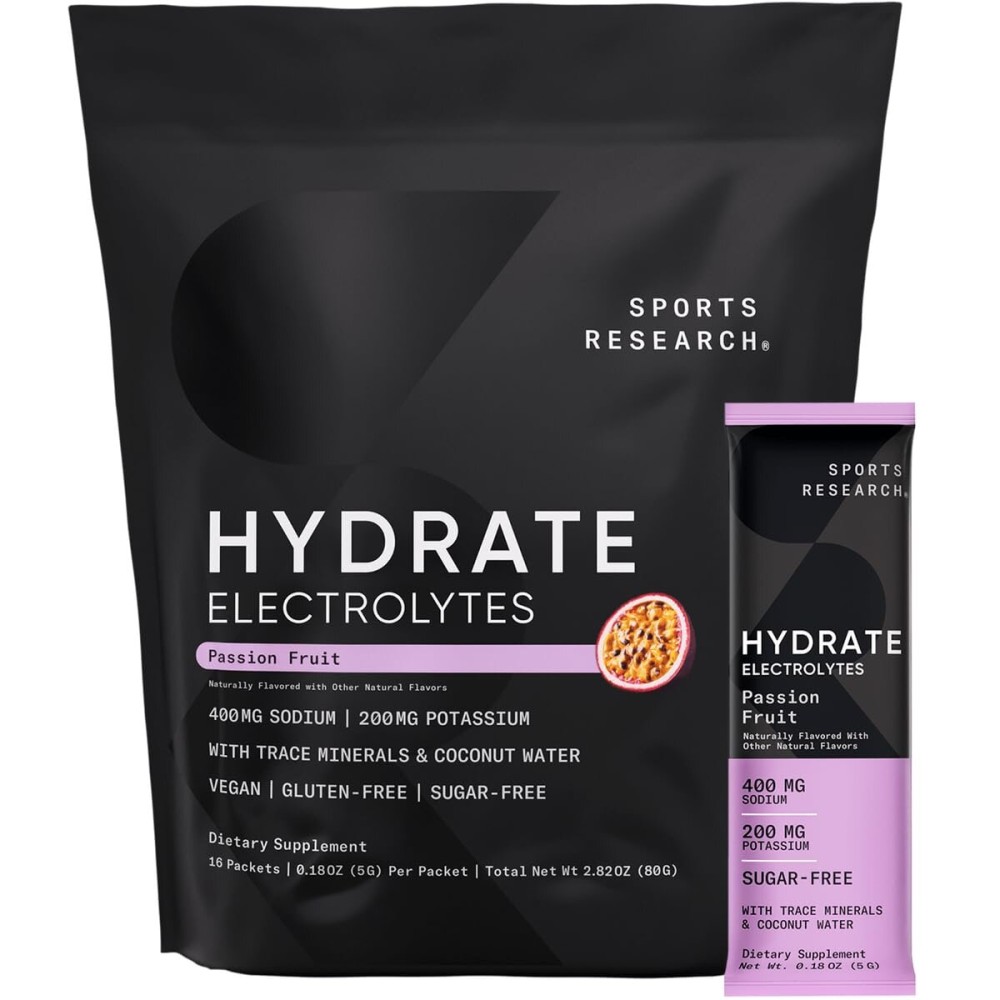 Sports Research Hydrate Electrolytes Powder Packets - Sugar-Free & Naturally Flavored with Vitamins, Minerals, and Coconut Water - Supports Hydration - 16 Packets - Passion Fruit
