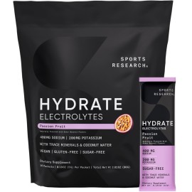 Sports Research Hydrate Electrolytes Powder Packets - Sugar-Free & Naturally Flavored with Vitamins, Minerals, and Coconut Water - Supports Hydration - 16 Packets - Passion Fruit