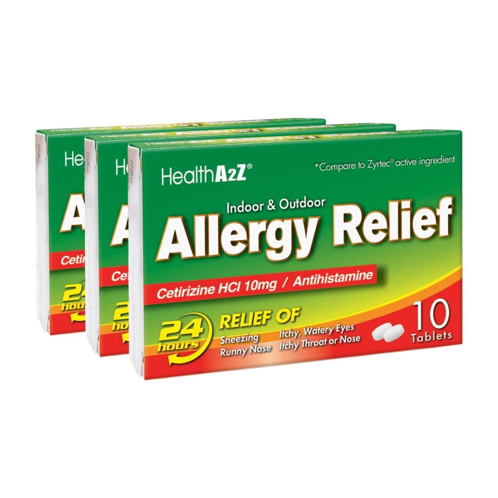 HealthA2Z Allergy Relief | Cetirizine 10mg | All Day Allergy Relief | Indoor & Outdoor | Relief from Itchy Throat, Sneezing, Runny Noses (10 Count (Pack of 3))