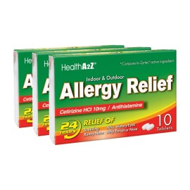 HealthA2Z Allergy Relief | Cetirizine 10mg | All Day Allergy Relief | Indoor & Outdoor | Relief from Itchy Throat, Sneezing, Runny Noses (10 Count (Pack of 3))