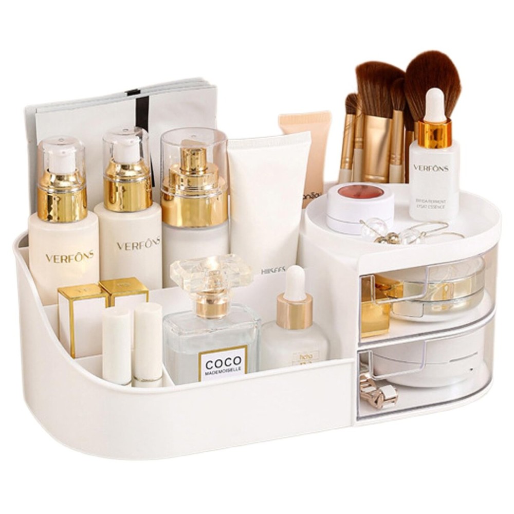 POFUOT skin care organizer,Makeup Desk Organizer With Drawers,Countertop Organizer for Cosmetics,Vanity brush with Holder for Lipstick, Brushes, Eyeshadow, and Desktop Finishing Dresser (D-White)