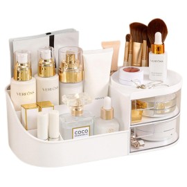 POFUOT skin care organizer,Makeup Desk Organizer With Drawers,Countertop Organizer for Cosmetics,Vanity brush with Holder for Lipstick, Brushes, Eyeshadow, and Desktop Finishing Dresser (D-White)