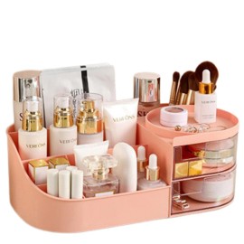 POFUOT skin care organizer,Makeup Desk Organizer With Drawers,Countertop Organizer for Cosmetics,Vanity brush with Holder for Lipstick, Brushes, Eyeshadow, and Desktop Finishing Dresser (D-pink)