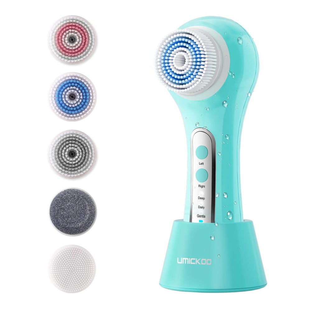 UMICKOO Face Scrubber Exfoliator, Rechargeable Facial Cleansing Brush with 2-Way Rotation & 3 Modes, 30-Day Runtime, 5 Brush Heads for SPA-Level Care, IPX7 Waterproof, Deep Cleaning for All Skin Types