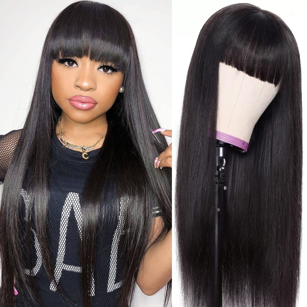 Lativ Straight Human Hair Wigs with Bangs None Lace Front Wigs 150% Density Glueless Machine Made Brazilian Virgin Human Hair Wigs for Black Women Natural Color(24 Inch, Straight)