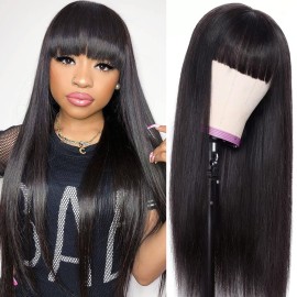 Lativ Straight Human Hair Wigs with Bangs None Lace Front Wigs 150% Density Glueless Machine Made Brazilian Virgin Human Hair Wigs for Black Women Natural Color(24 Inch, Straight)