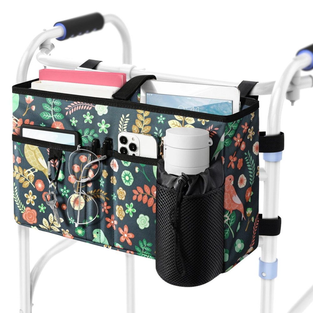 Rhino Valley Walker Bag, Multi Pockets Folding Walker Basket Tote Bag with Cup Holder, Hand-free Carry Pouch Storage Bag for Universal Walkers, Large Capacity Organizer for Seniors Elderly, Birds