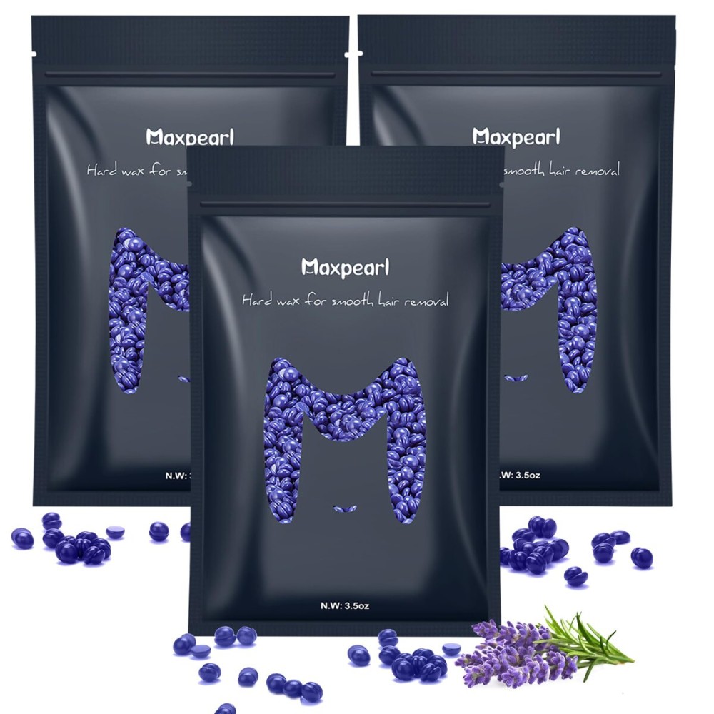 Maxpearl Hard Wax Beads, Pack of 3 Hair Removal Wax Beans Refill - Brazilian, Bikini Waxing, Face, Eyebrows, Underarms, Arms, Chest, Back, Legs - Lavender Formula, 300g