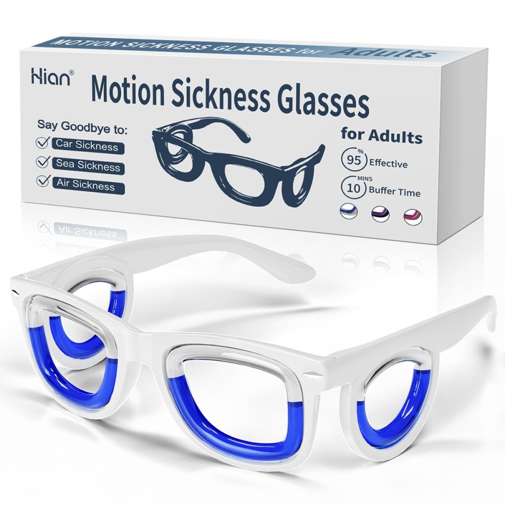 Hion Adult Anti- Motion Sickness Smart Glasses, Ultra-Light Portable Nausea Relief Liquid Glasses, Carsickness Airsickness Seasickness Glasses, Kids Travel/Cruise EssentialsWhite