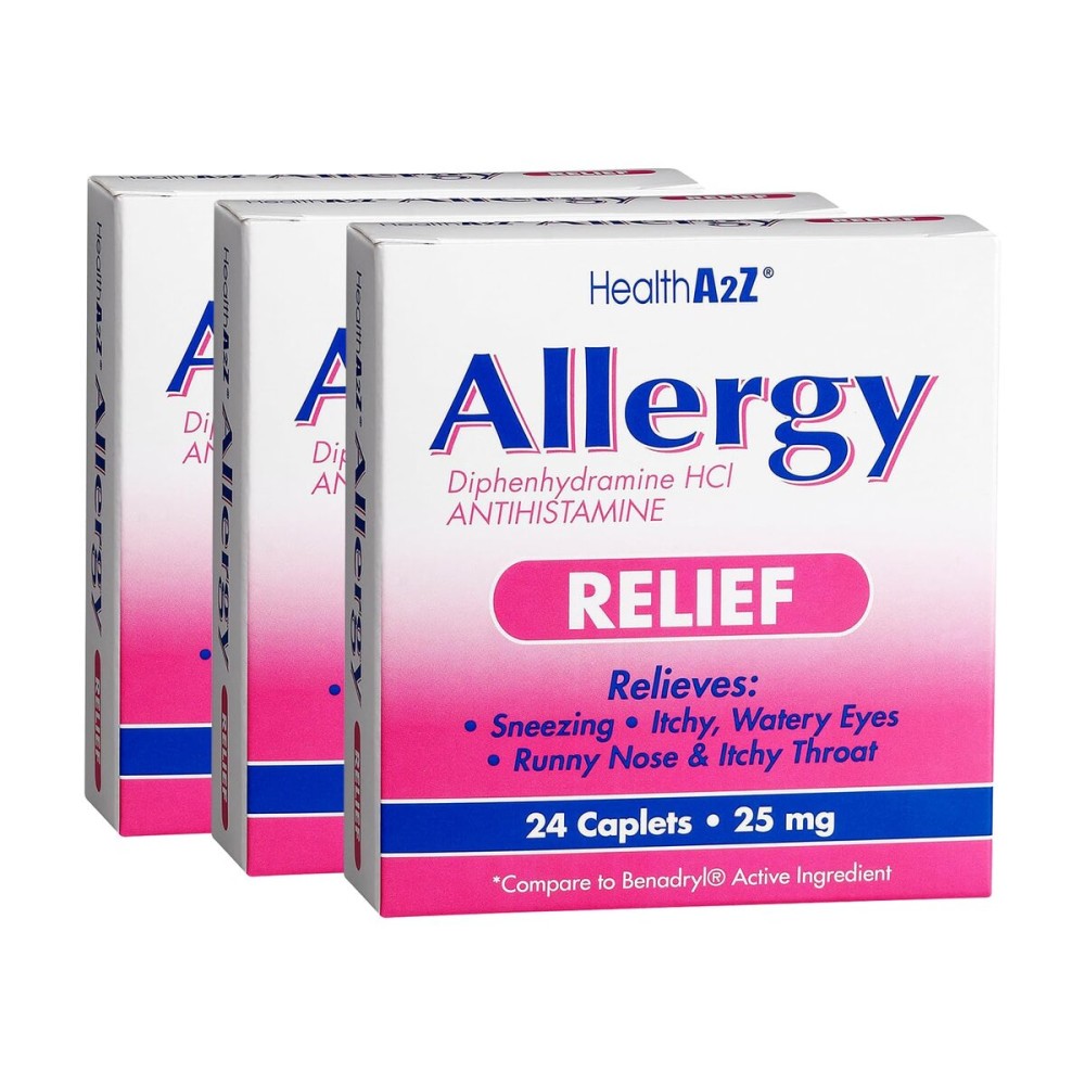 HealthA2Z Allergy Relief | Diphenhydramine HCL 25mg | Antihistamine | Relief from Itchy Throat, Sneezing, Runny Noses | Indoor & Outdoors Allergies (3 Pack x 24 Caplets (72 Total))