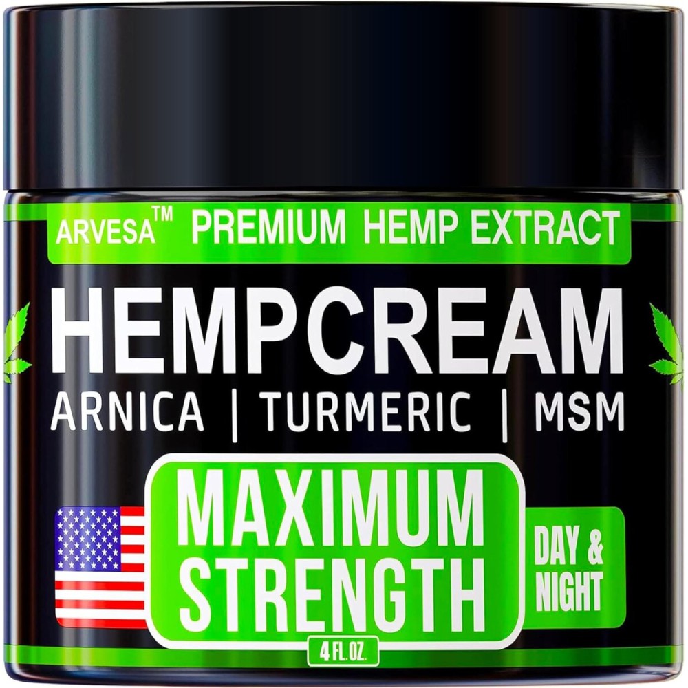 Hemp Cream Maximum Strength with Glucosamine, Arnica, Turmeric, MSM - Natural Hemp Oil Gel Rub - Fast Absorption, Non-Greasy - Advanced Formula - Formulated in USA - 4 FL OZ