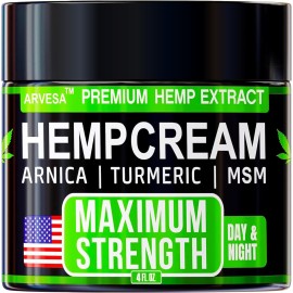 Hemp Cream Maximum Strength with Glucosamine, Arnica, Turmeric, MSM - Natural Hemp Oil Gel Rub - Fast Absorption, Non-Greasy - Advanced Formula - Formulated in USA - 4 FL OZ