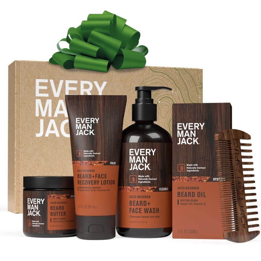 Every Man Jack Beard Essentials Gift Set for Men - Complete Routine with 5 Full-Size Products - Aged Bourbon Scent - Beard & Face Wash, Lotion, Oil, Butter & Comb