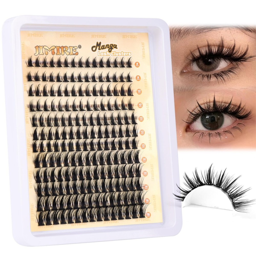 JIMIRE Wispy Lash Clusters Extensions 180Pcs Anime Eyelash Clusters D-Curly Manga Lashes Clusters Natural Look 8-16MM Cluster Eyelash Extensions Individual Lash Extension Pack